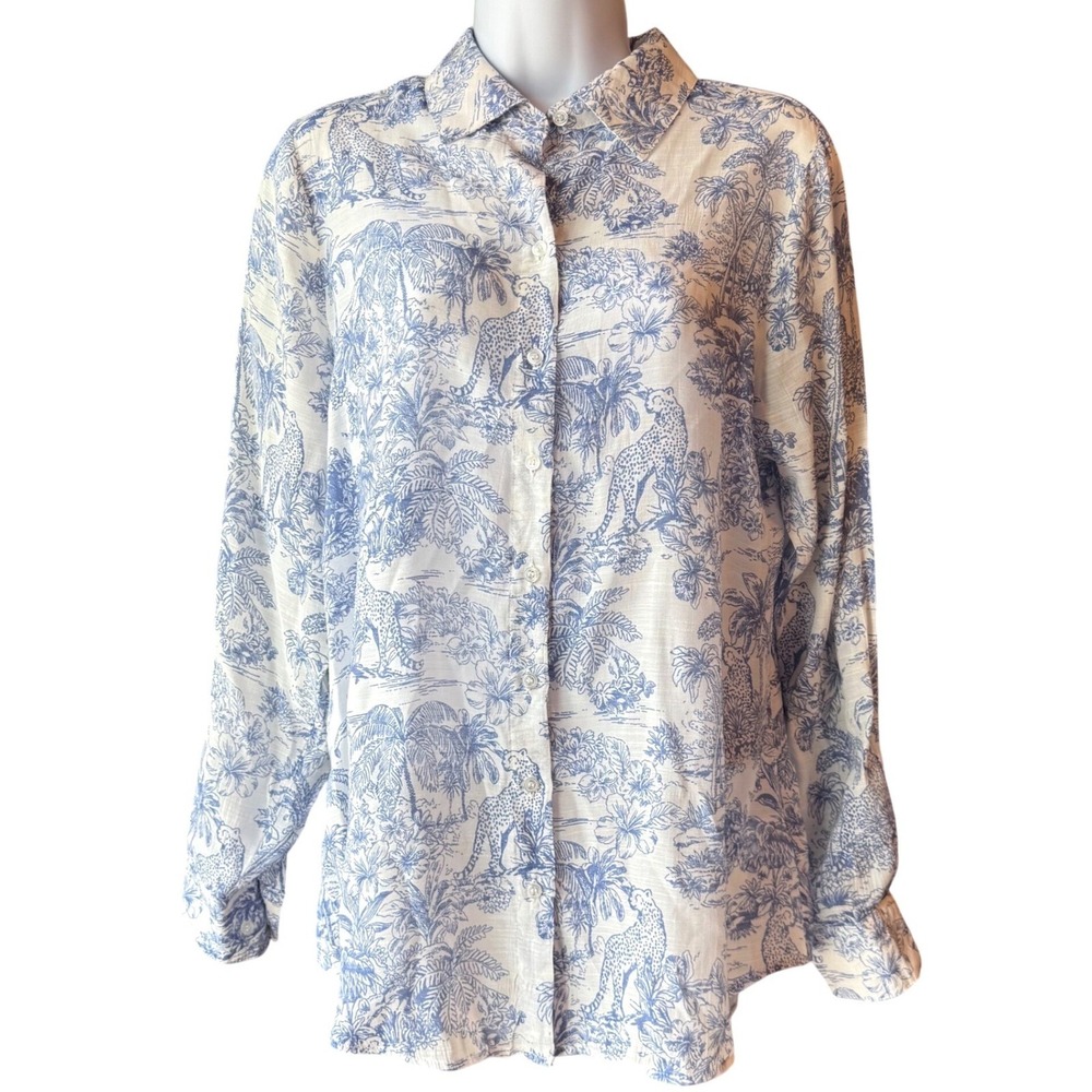 C By One Toile Leopard Floral Print Button Down Blouse Shirt Blue Womens Small